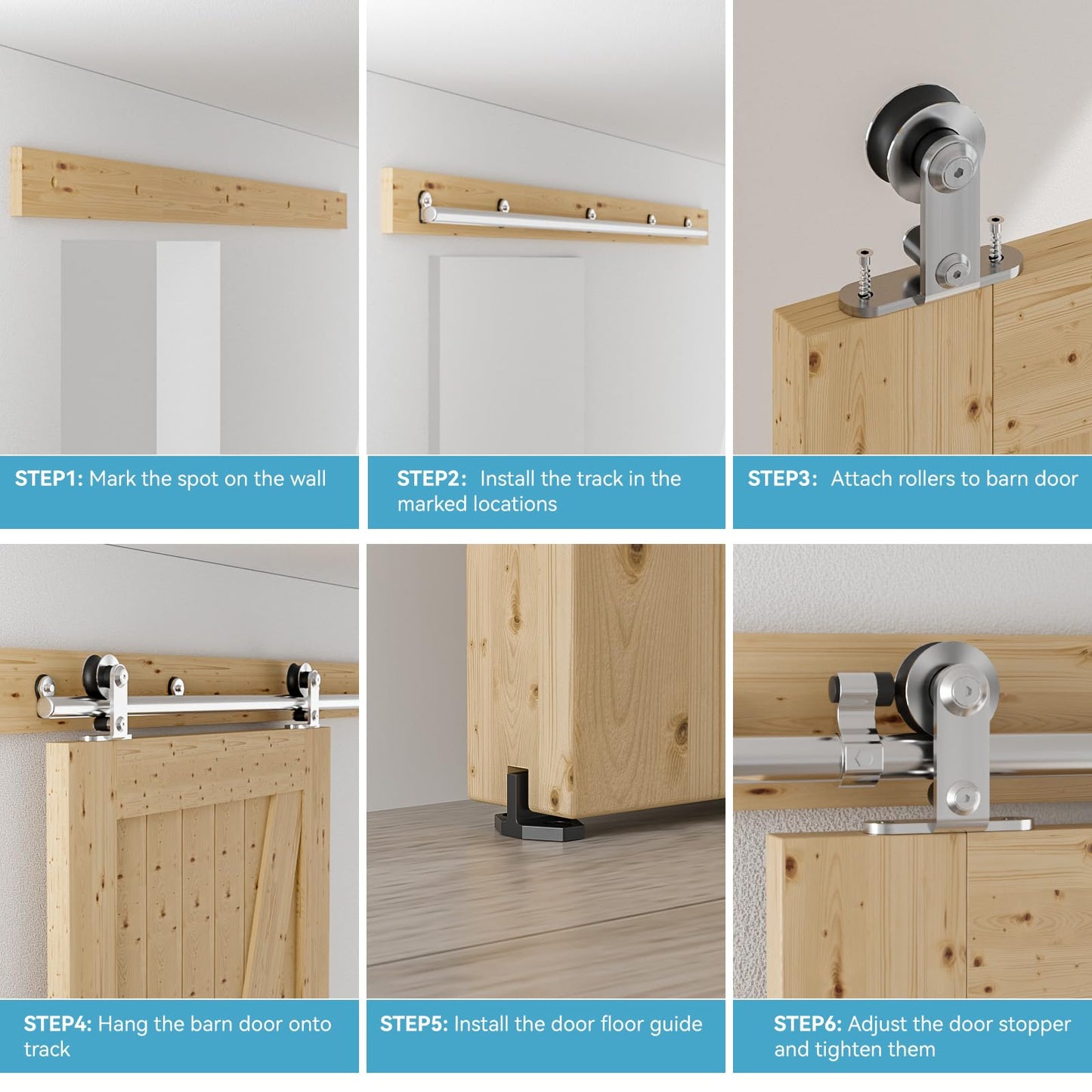 Schiebetürbeschlag Edelstahl 244cm Schiebetüren Schiebetürsystem Komplettset Laufschiene Rollen Set für 1 Holztür 122cm Breit, T Form