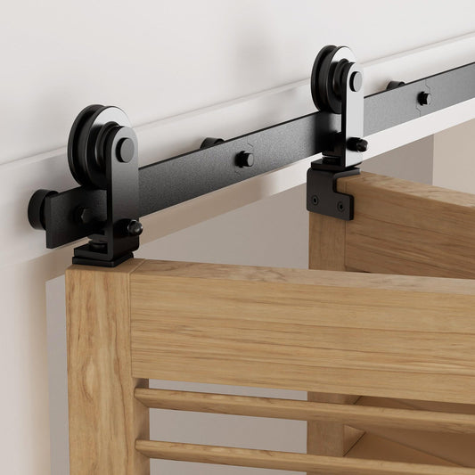 92cm/3FT Bifold Schiebetürbeschlag Schiebetüren Schiebetürsystem Komplettset Laufschiene Rollen Set Schwarz für 2 Holztüren 43cm Top Mount T-Rad
