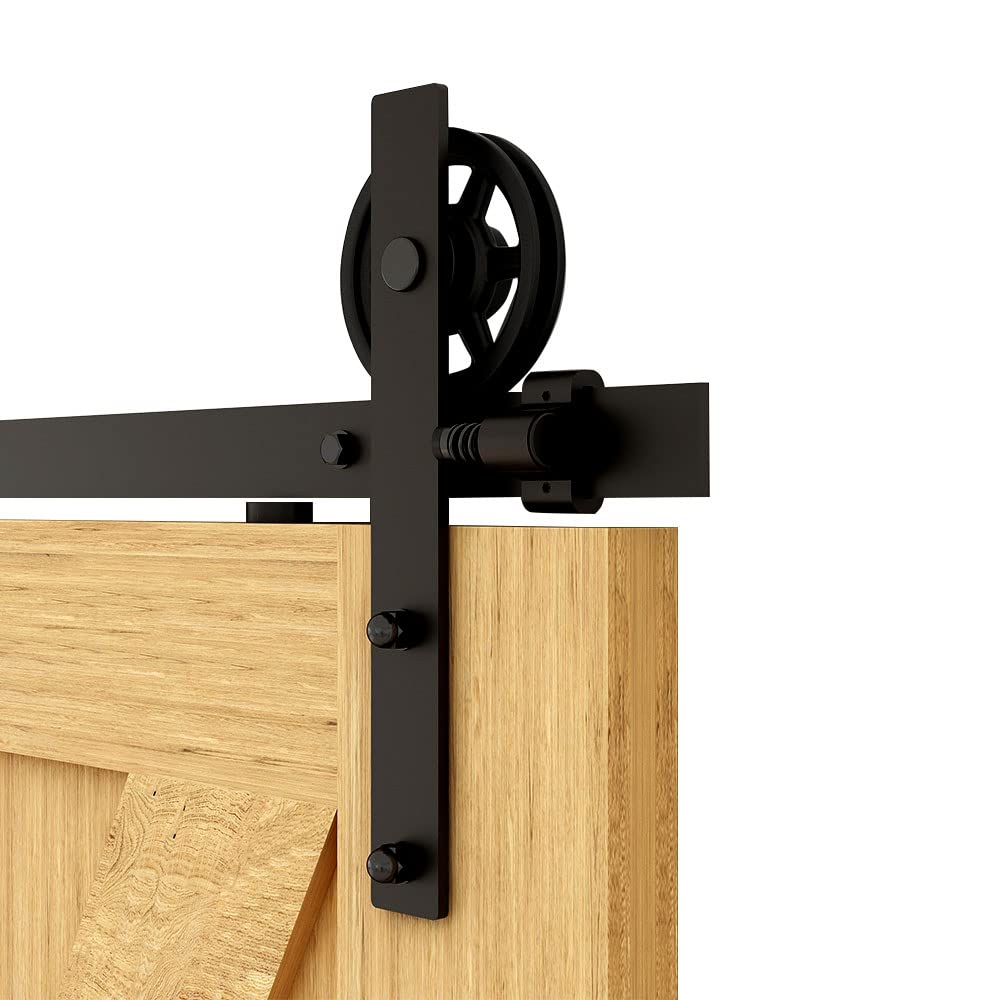 Schiebetürbeschlag 153cm Schiebetüren Schiebetürsystem Komplettset Laufschiene Rollen Set Schwarz für 1 Holztür 76cm Breit, Mittlere Rolle in I-Form
