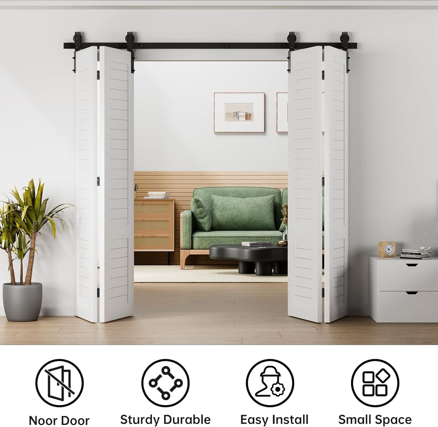 BONIKLUBA Bi-Folding Sliding Barn Door Hardware Track Kit,Smoothly&Quietly,Side Mounted Black Roller,Easy Install,Door Not Included