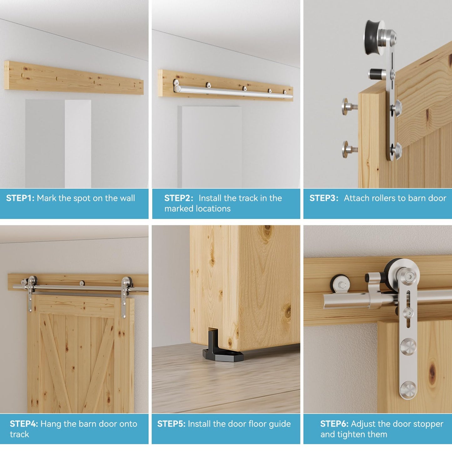Schiebetürbeschlag Edelstahl 200cm Schiebetüren Schiebetürsystem Komplettset Laufschiene Rollen Set für 1 Holztür 100cm Breit, I Form