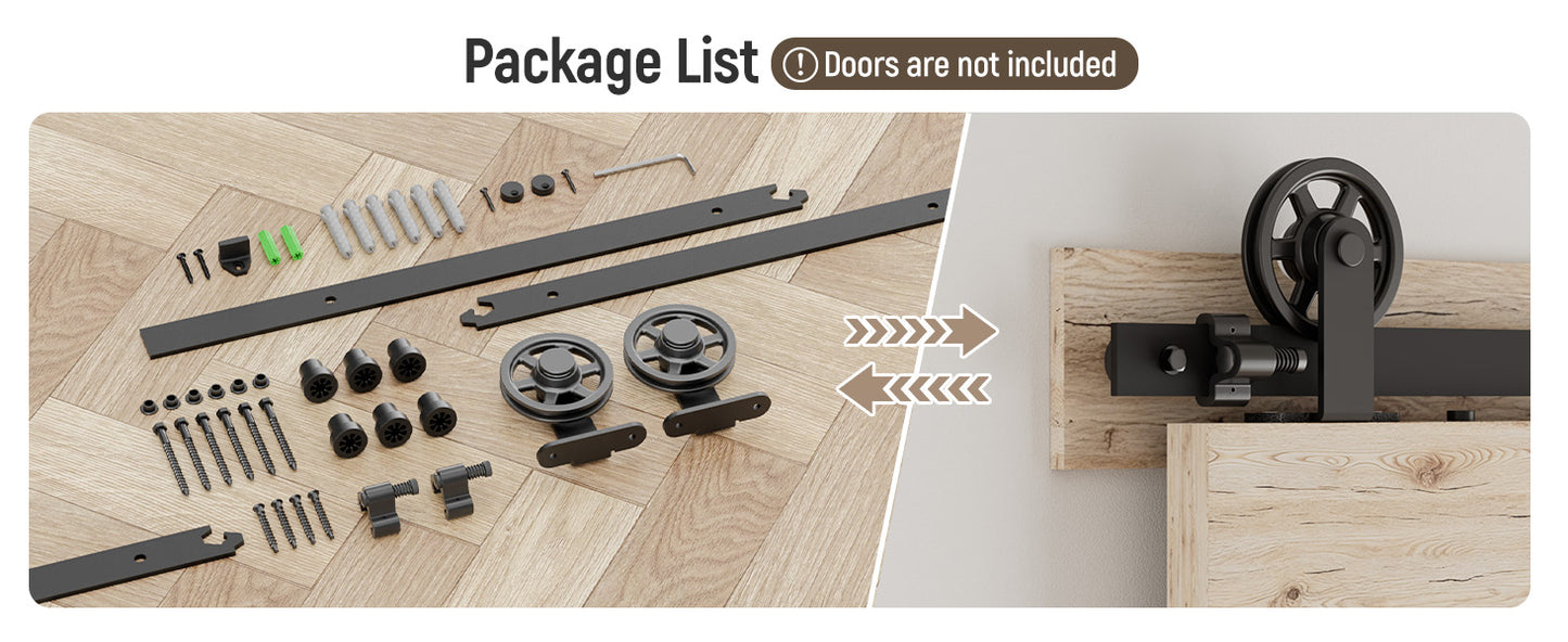 Schiebetürbeschlag 203cm Schiebetüren Schiebetürsystem Komplettset Laufschiene Rollen Set Schwarz für 1 Holztür 101cm Breit, Mittlere Rolle in T-Form