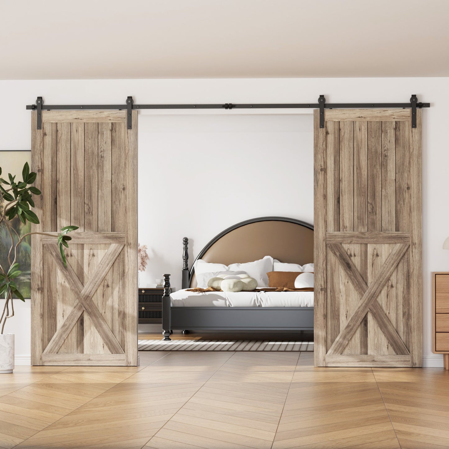 Schiebetürbeschlag Doppeltür 244cm Schiebetüren Schiebetürsystem Komplettset Laufschiene Rollen Set Schwarz für 2 Holztür 61cm Breit, Kleine Rolle in J-Form