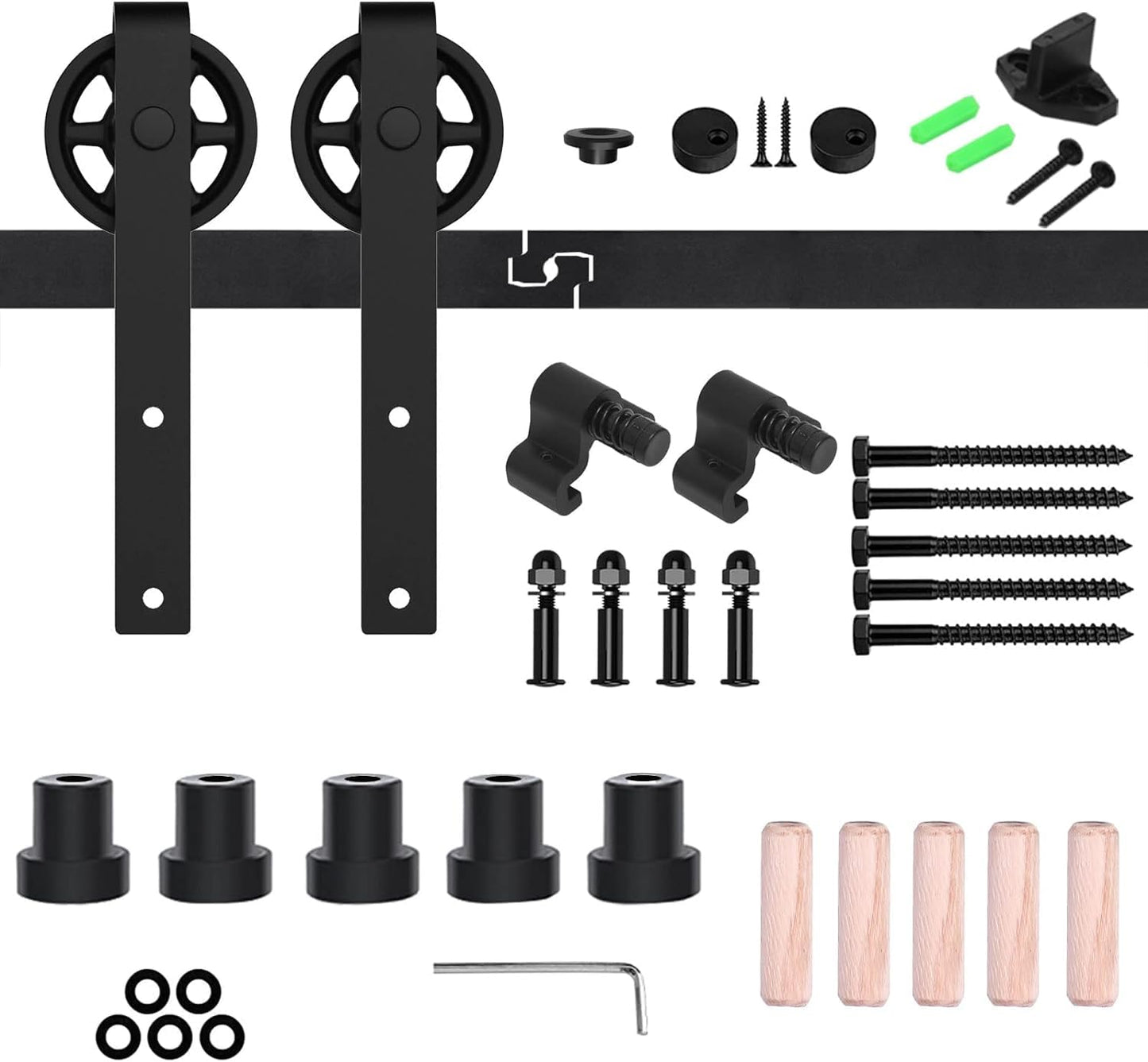 Schiebetürbeschlag 214cm Schiebetüren Schiebetürsystem Komplettset Laufschiene Rollen Set Schwarz für 1 Holztür 107cm Breit, Mittlere Rolle in J-Form