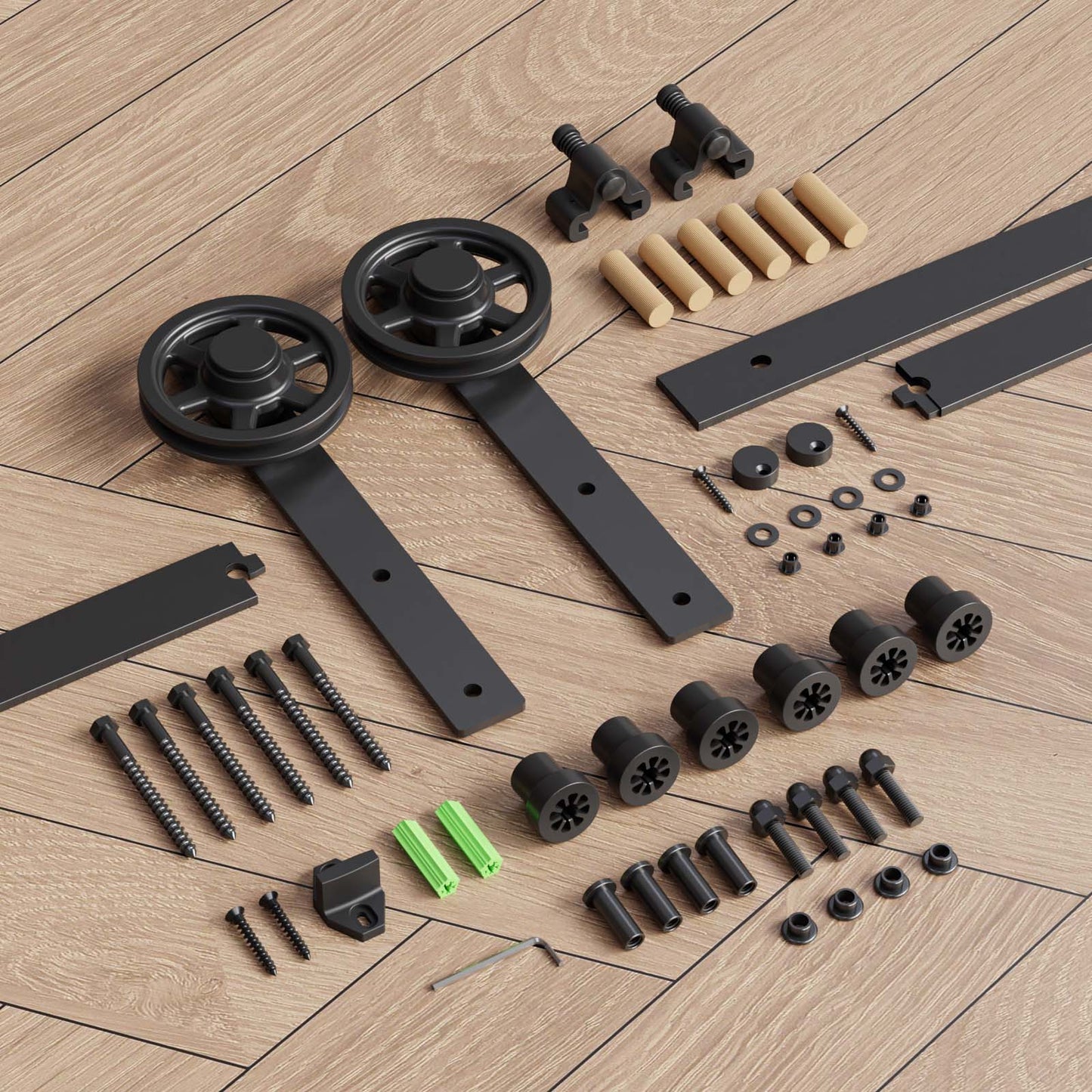 Schiebetürbeschlag 153cm Schiebetüren Schiebetürsystem Komplettset Laufschiene Rollen Set Schwarz für 1 Holztür 76cm Breit, Mittlere Rolle in I-Form