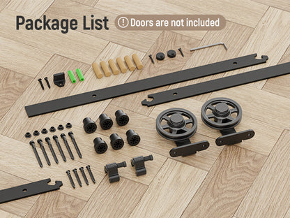 Schiebetürbeschlag 244cm Schiebetüren Schiebetürsystem Komplettset Laufschiene Rollen Set Schwarz für 1 Holztür 122cm Breit, Mittlere Rolle in T-Form