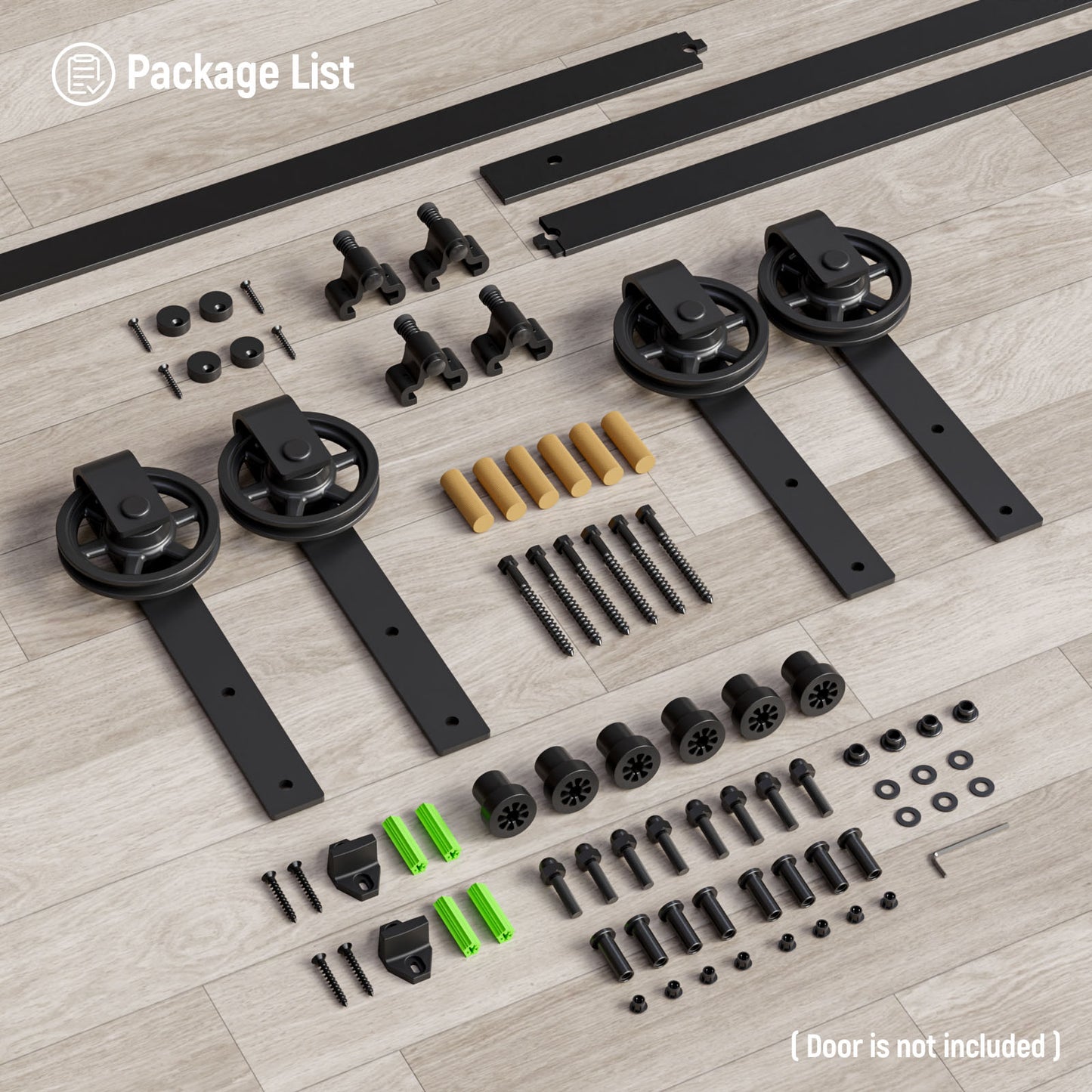 Schiebetürbeschlag Doppeltür 366cm Schiebetüren Schiebetürsystem Komplettset Laufschiene Rollen Set Schwarz für 2 Holztür 91cm Breit, Mittlere Rolle in J-Form