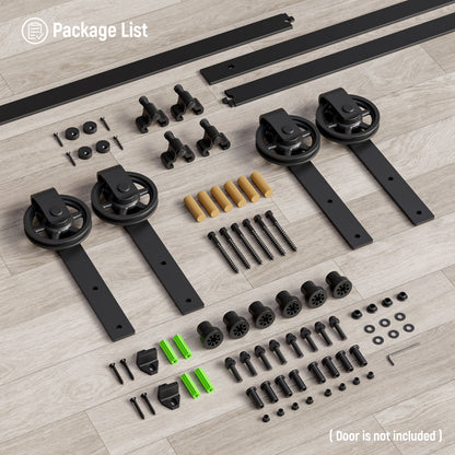 Schiebetürbeschlag Doppeltür 366cm Schiebetüren Schiebetürsystem Komplettset Laufschiene Rollen Set Schwarz für 2 Holztür 91cm Breit, Mittlere Rolle in J-Form