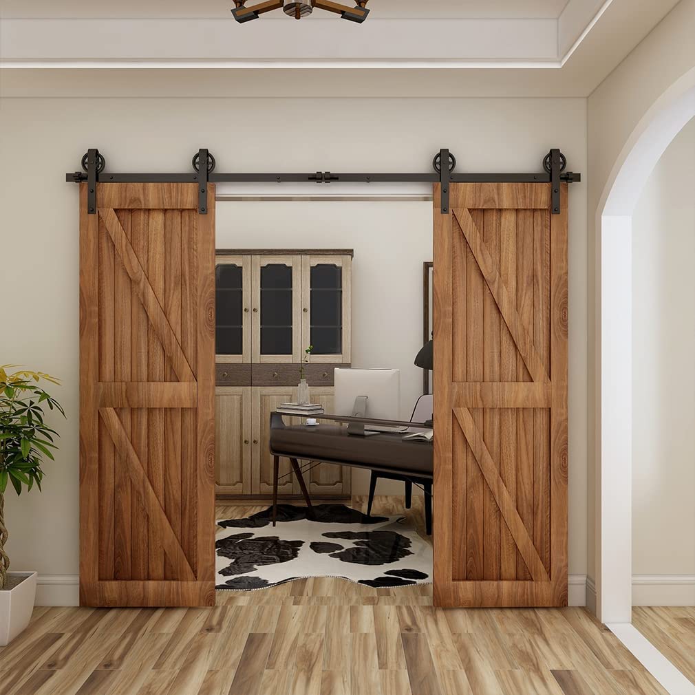 Schiebetürbeschlag Doppeltür 366cm Schiebetüren Schiebetürsystem Komplettset Laufschiene Rollen Set Schwarz für 2 Holztür 91cm Breit, Mittlere Rolle in J-Form