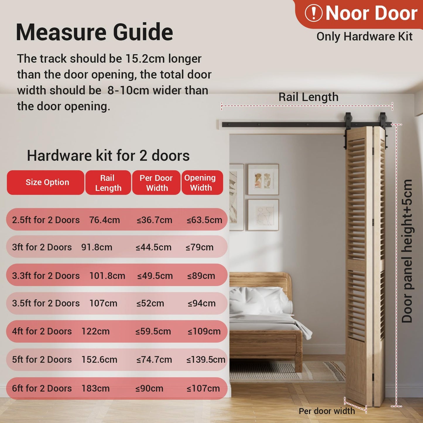 122cm/4FT Bifold Schiebetürbeschlag Schiebetüren Schiebetürsystem Komplettset Laufschiene Rollen Set Schwarz für 2 Holztür 58cm Breit