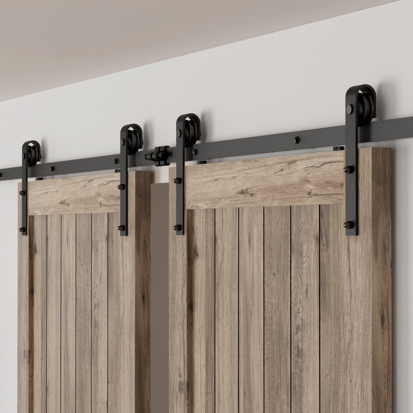 Schiebetürbeschlag Doppeltür 244cm Schiebetüren Schiebetürsystem Komplettset Laufschiene Rollen Set Schwarz für 2 Holztür 61cm Breit, Kleine Rolle in J-Form