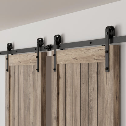 Schiebetürbeschlag Doppeltür 244cm Schiebetüren Schiebetürsystem Komplettset Laufschiene Rollen Set Schwarz für 2 Holztür 61cm Breit, Kleine Rolle in J-Form