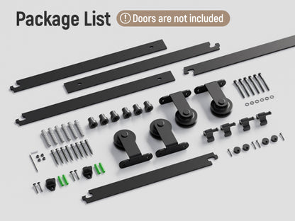Schiebetürbeschlag Doppeltür 305cm Schiebetüren Schiebetürsystem Komplettset Laufschiene Rollen Set Schwarz für 2 Holztür 76cm Breit, Kleine Rolle in T-Form[