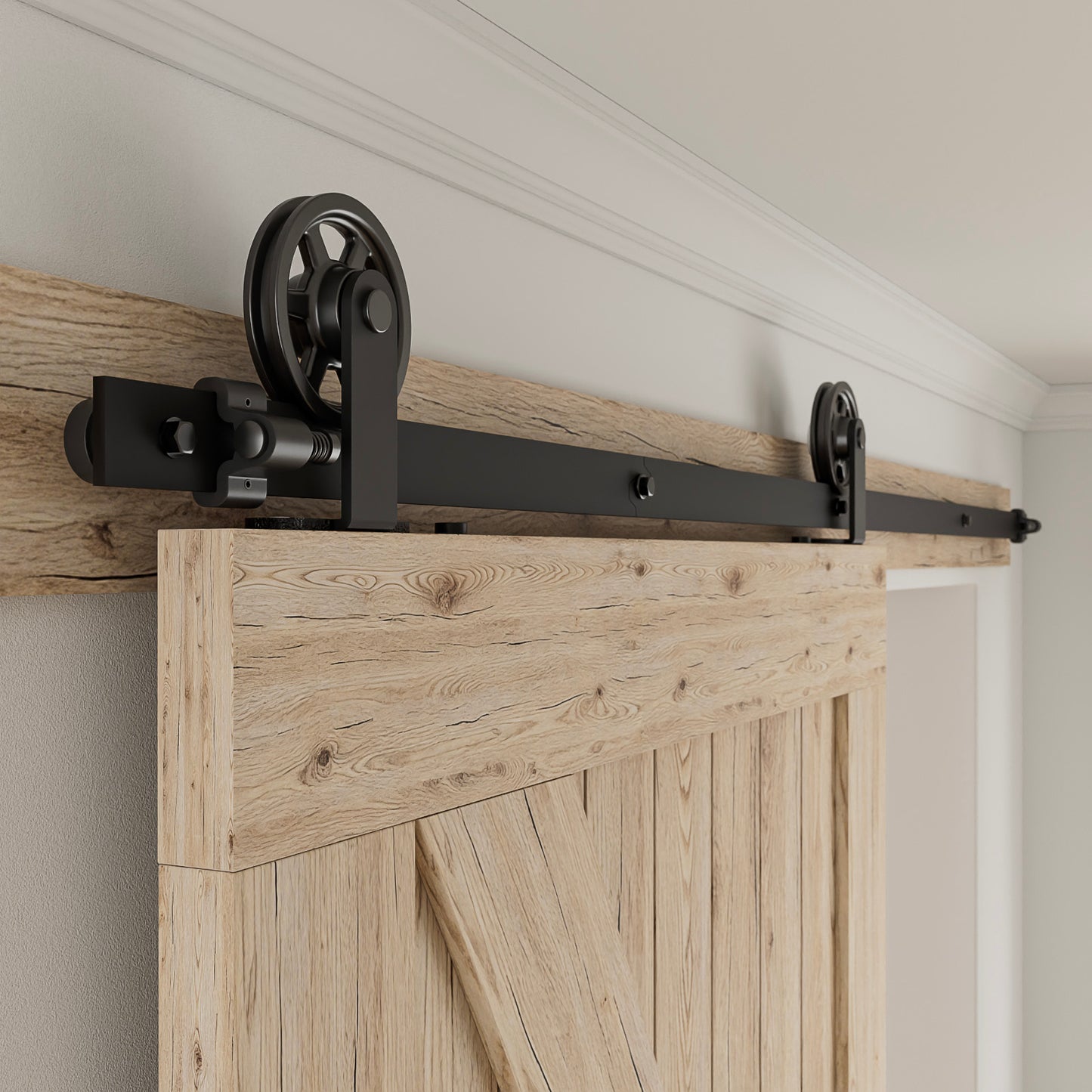 Schiebetürbeschlag 173cm Schiebetüren Schiebetürsystem Komplettset Laufschiene Rollen Set Schwarz für 1 Holztür 86cm Breit, Mittlere Rolle in T-Form