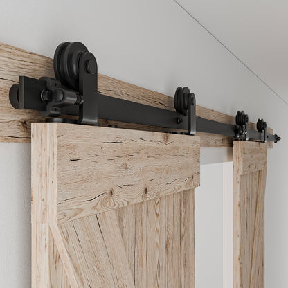 Schiebetürbeschlag Doppeltür 244cm Schiebetüren Schiebetürsystem Komplettset Laufschiene Rollen Set Schwarz für 2 Holztür 61cm Breit, Kleine Rolle in T-Form
