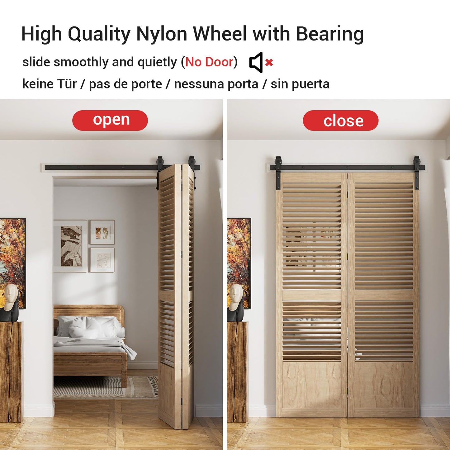 183cm/6FT Bifold Schiebetürbeschlag Schiebetüren Schiebetürsystem Komplettset Laufschiene Rollen Set Schwarz für 2 Holztür 89cm Breit