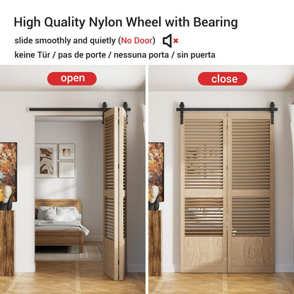 183cm/6FT Bifold Schiebetürbeschlag Schiebetüren Schiebetürsystem Komplettset Laufschiene Rollen Set Schwarz für 2 Holztür 89cm Breit