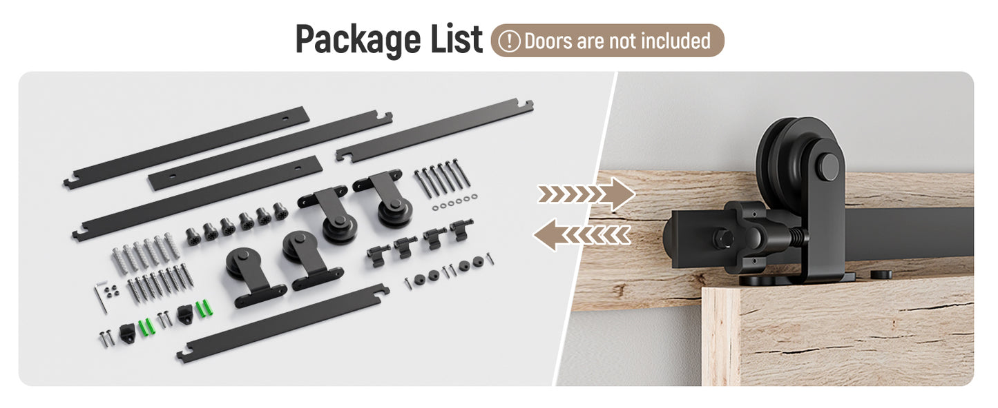 Schiebetürbeschlag Doppeltür 305cm Schiebetüren Schiebetürsystem Komplettset Laufschiene Rollen Set Schwarz für 2 Holztür 76cm Breit, Kleine Rolle in T-Form[