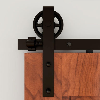 Schiebetürbeschlag 214cm Schiebetüren Schiebetürsystem Komplettset Laufschiene Rollen Set Schwarz für 1 Holztür 107cm Breit, Mittlere Rolle in J-Form