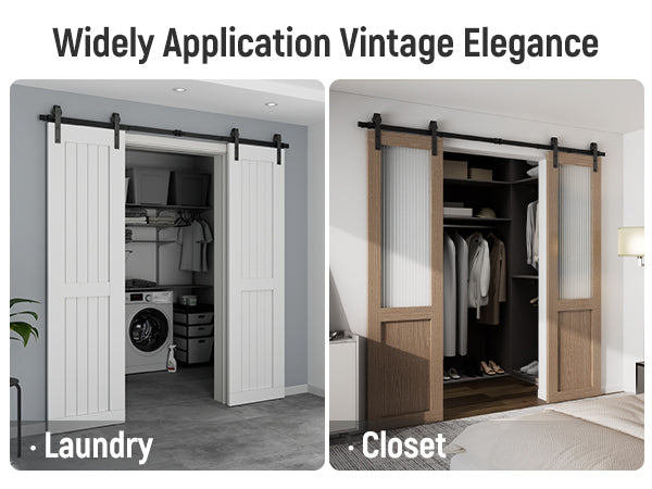 Schiebetürbeschlag Doppeltür 366cm Schiebetüren Schiebetürsystem Komplettset Laufschiene Rollen Set Schwarz für 2 Holztür 91cm Breit, Kleine Rolle in J-Form