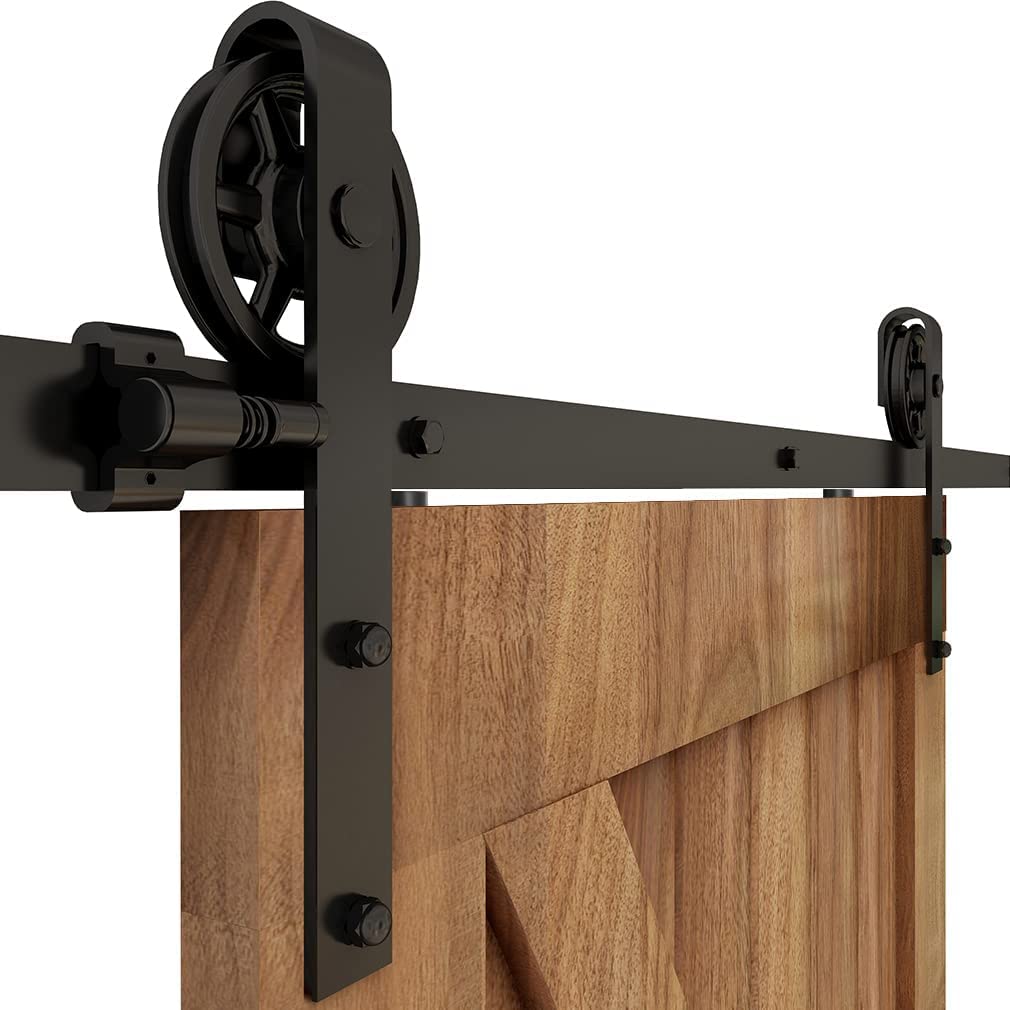 Schiebetürbeschlag Doppeltür 366cm Schiebetüren Schiebetürsystem Komplettset Laufschiene Rollen Set Schwarz für 2 Holztür 91cm Breit, Mittlere Rolle in J-Form