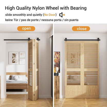 153cm/5FT Bifold Schiebetürbeschlag Schiebetüren Schiebetürsystem Komplettset Laufschiene Rollen Set Schwarz für 2 Holztür 74cm Top Mount T Rad