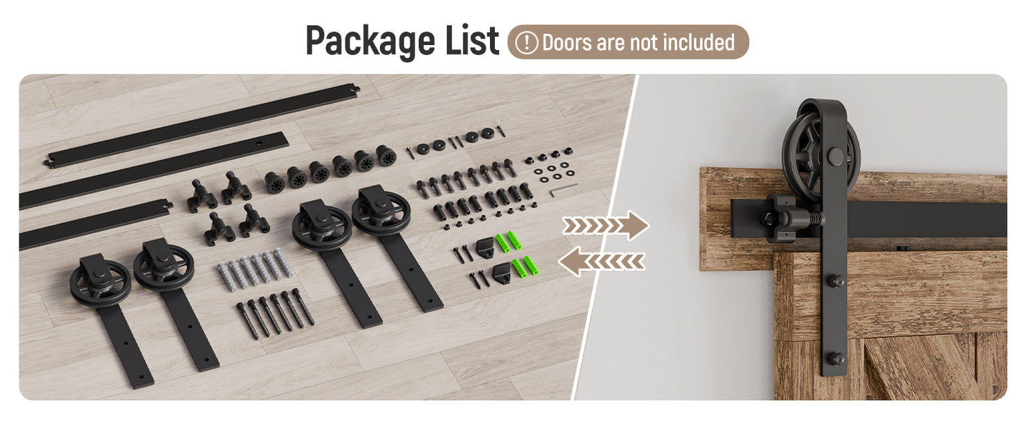 Schiebetürbeschlag Doppeltür 366cm Schiebetüren Schiebetürsystem Komplettset Laufschiene Rollen Set Schwarz für 2 Holztür 91cm Breit, Mittlere Rolle in J-Form