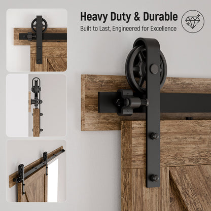Schiebetürbeschlag 244cm Schiebetüren Schiebetürsystem Komplettset Laufschiene Rollen Set Schwarz für 1 Holztür 122cm Breit, Mittlere Rolle in J-Form