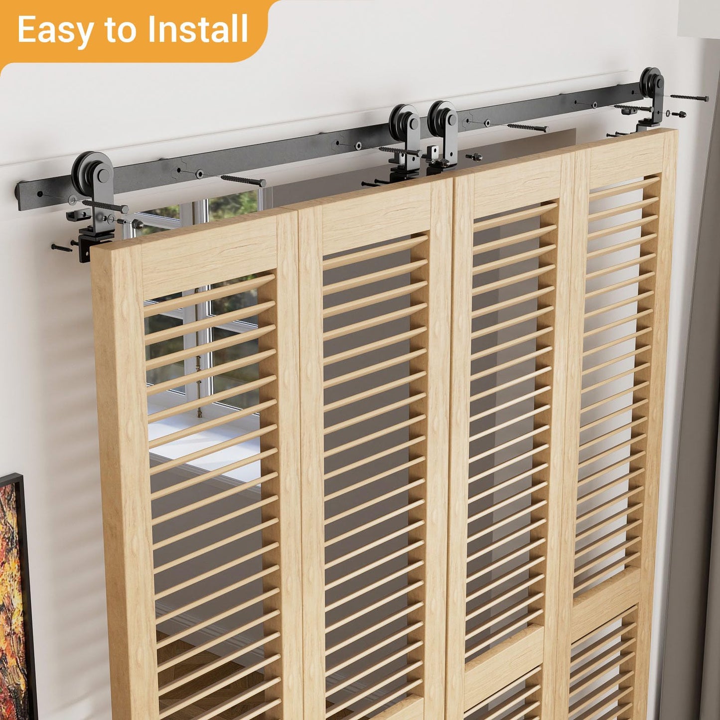 214cm/7FT Bifold Schiebetürbeschlag Schiebetüren Schiebetürsystem Komplettset Laufschiene Rollen Set Schwarz für 4 Holztür 52cm Top Mount T Rad