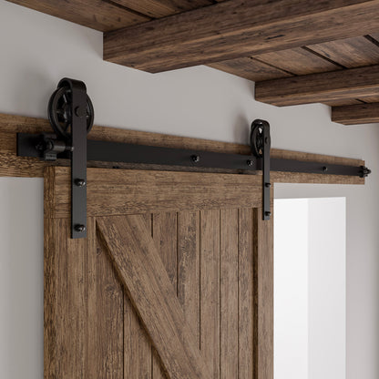 Schiebetürbeschlag 203cm Schiebetüren Schiebetürsystem Komplettset Laufschiene Rollen Set Schwarz für 1 Holztür 101cm Breit, Mittlere Rolle in J-Form