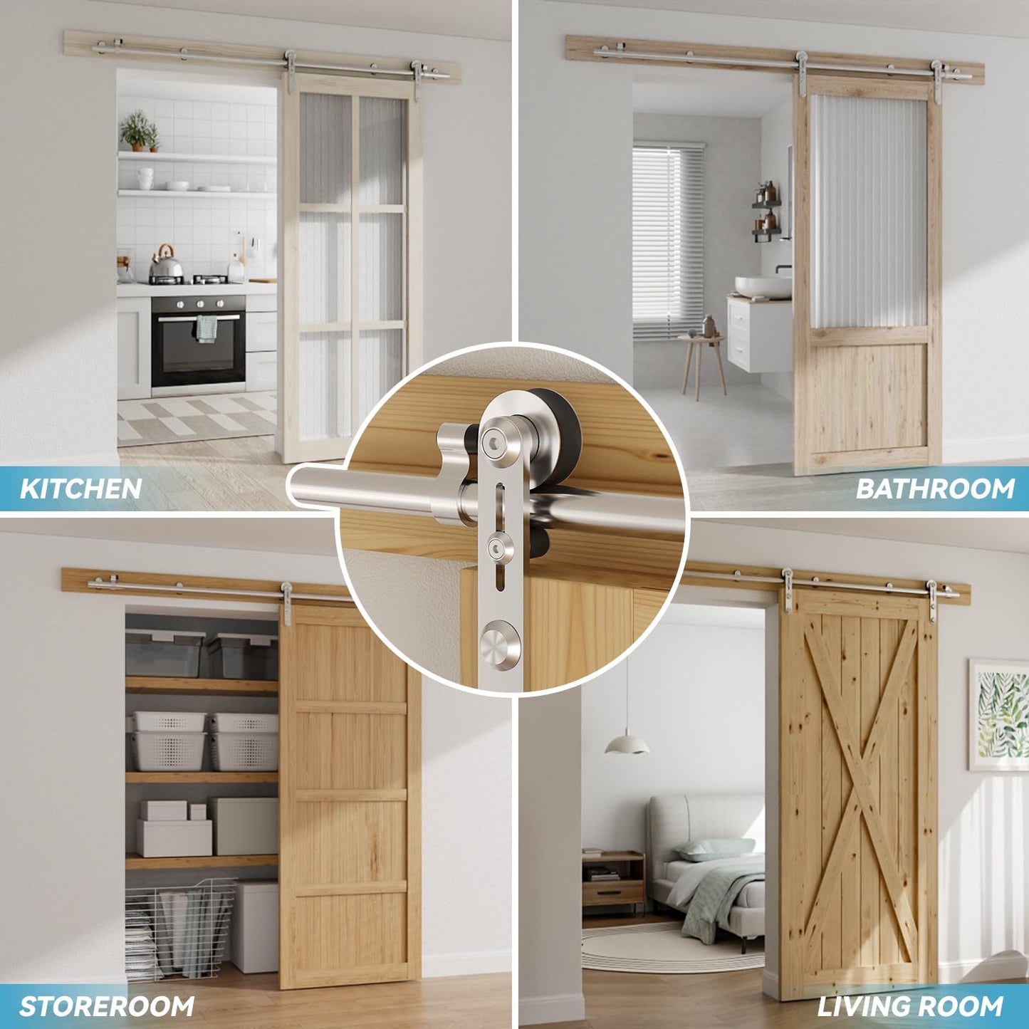 Schiebetürbeschlag Edelstahl 200cm Schiebetüren Schiebetürsystem Komplettset Laufschiene Rollen Set für 1 Holztür 100cm Breit, I Form