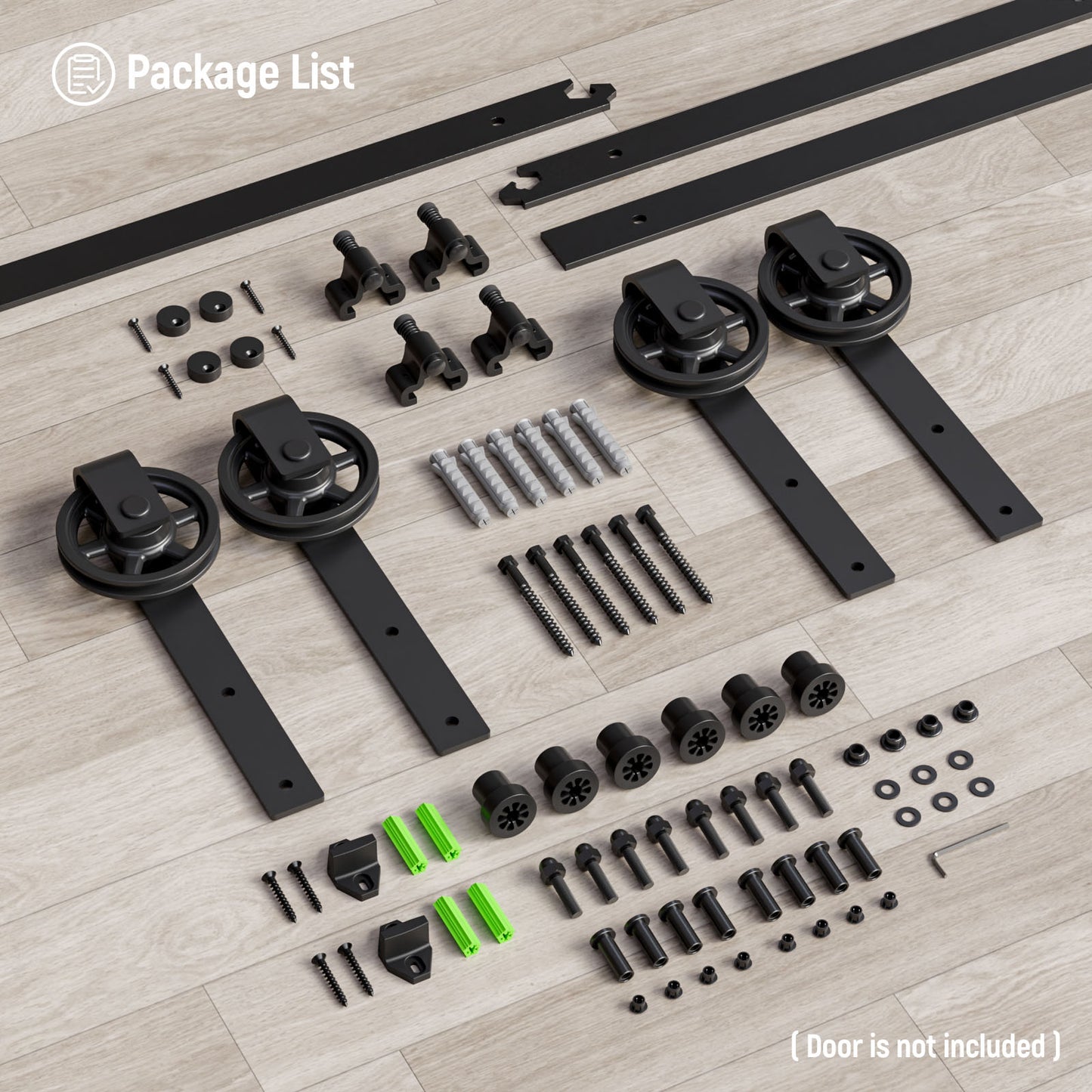 Schiebetürbeschlag Doppeltür 366cm Schiebetüren Schiebetürsystem Komplettset Laufschiene Rollen Set Schwarz für 2 Holztür 91cm Breit, Mittlere Rolle in J-Form