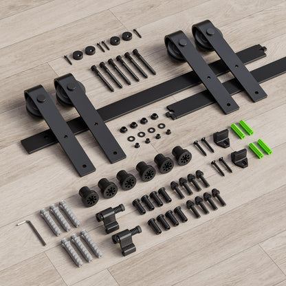 Schiebetürbeschlag Doppeltür 366cm Schiebetüren Schiebetürsystem Komplettset Laufschiene Rollen Set Schwarz für 2 Holztür 91cm Breit, Kleine Rolle in J-Form