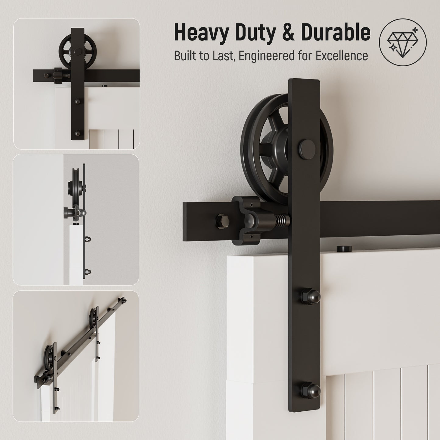 Schiebetürbeschlag 153cm Schiebetüren Schiebetürsystem Komplettset Laufschiene Rollen Set Schwarz für 1 Holztür 76cm Breit, Mittlere Rolle in I-Form