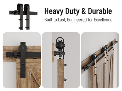 Schiebetürbeschlag Doppeltür 244cm Schiebetüren Schiebetürsystem Komplettset Laufschiene Rollen Set Schwarz für 2 Holztür 61cm Breit, Kleine Rolle in J-Form