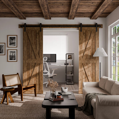 Schiebetürbeschlag Doppeltür 244cm Schiebetüren Schiebetürsystem Komplettset Laufschiene Rollen Set Schwarz für 2 Holztür 61cm Breit, Kleine Rolle in J-Form