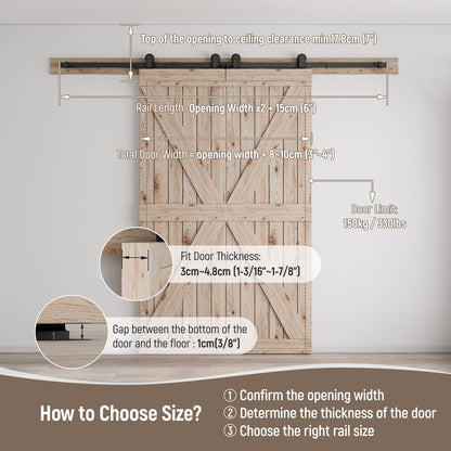 Schiebetürbeschlag Doppeltür 305cm Schiebetüren Schiebetürsystem Komplettset Laufschiene Rollen Set Schwarz für 2 Holztür 76cm Breit, Kleine Rolle in T-Form[