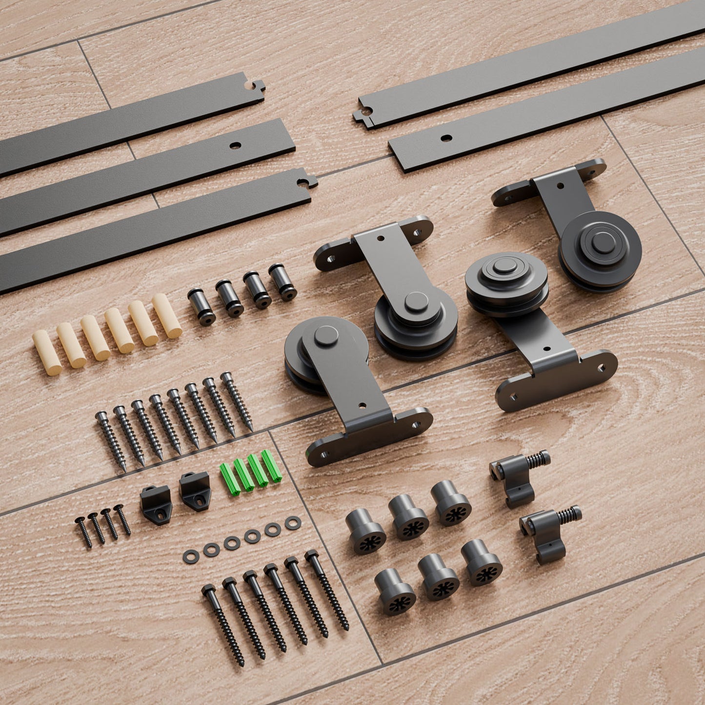 Schiebetürbeschlag Bypass Doppeltür 229cm Schiebetüren Schiebetürsystem Komplettset Laufschiene Rollen Set Schwarz für 2 Holztür 108cm Breit, T-Form