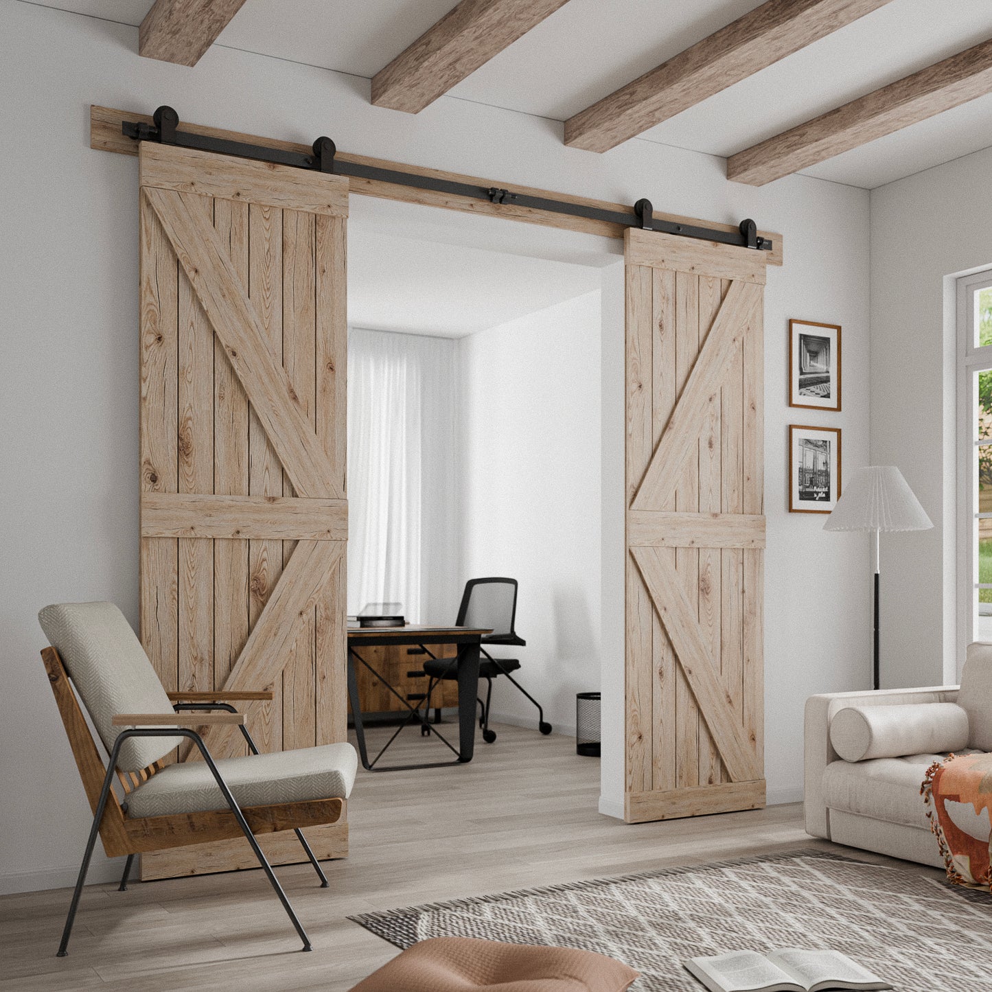 Schiebetürbeschlag Doppeltür 366cm Schiebetüren Schiebetürsystem Komplettset Laufschiene Rollen Set Schwarz für 2 Holztür 91cm Breit, Kleine Rolle in T-Form