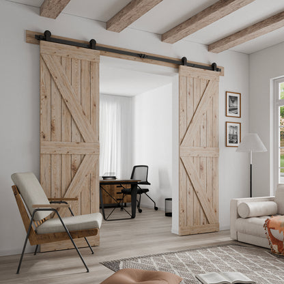 Schiebetürbeschlag Doppeltür 366cm Schiebetüren Schiebetürsystem Komplettset Laufschiene Rollen Set Schwarz für 2 Holztür 91cm Breit, Kleine Rolle in T-Form