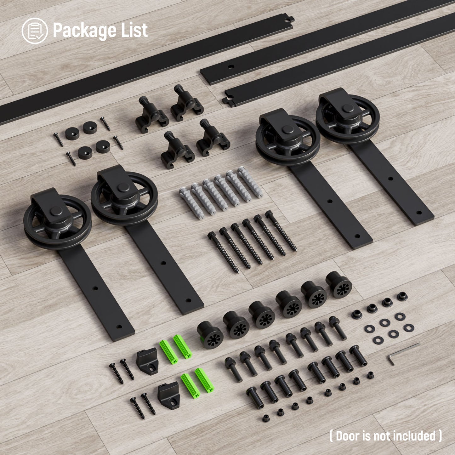 Schiebetürbeschlag Doppeltür 366cm Schiebetüren Schiebetürsystem Komplettset Laufschiene Rollen Set Schwarz für 2 Holztür 91cm Breit, Mittlere Rolle in J-Form