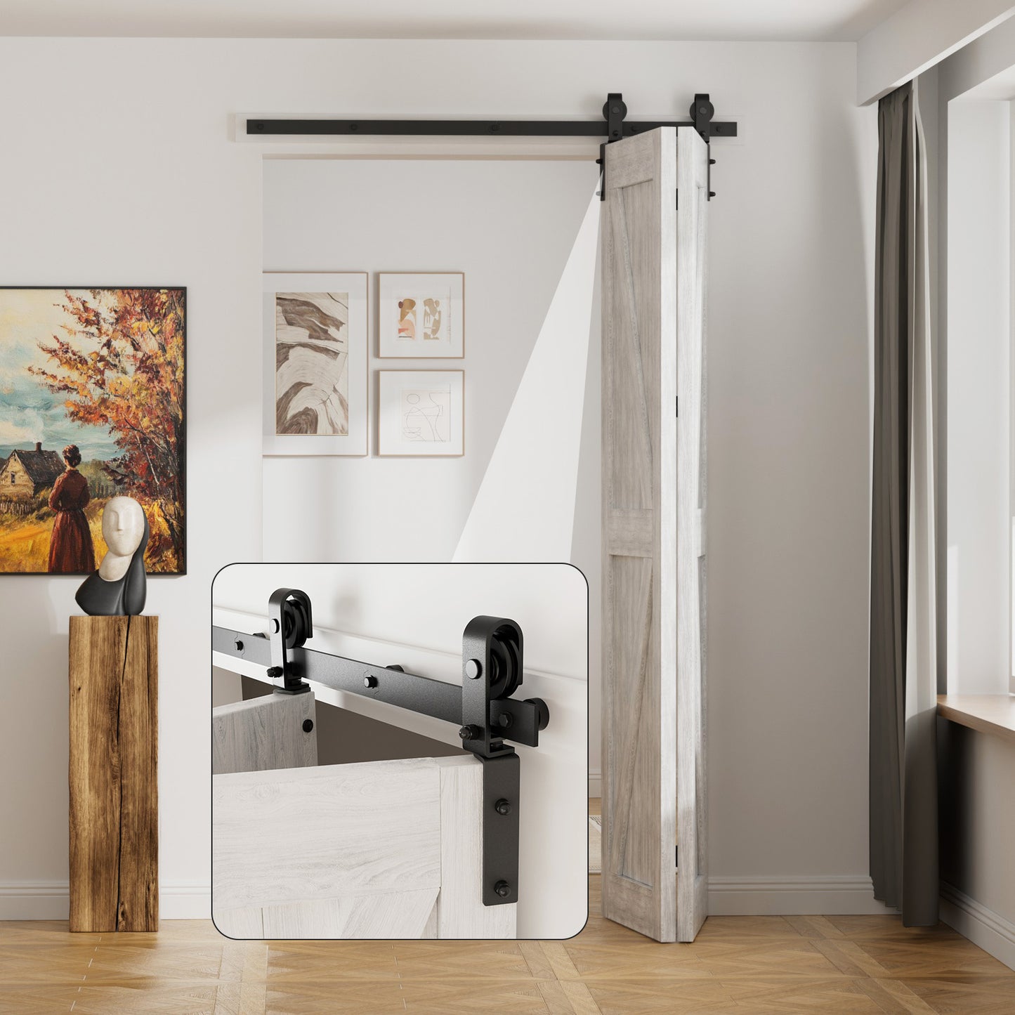 92cm/3FT Bifold Schiebetürbeschlag Schiebetüren Schiebetürsystem Komplettset Laufschiene Rollen Set Schwarz für 2 Holztür 43cm Top Mount T Rad