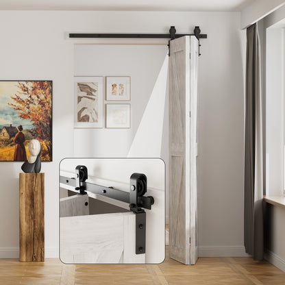 92cm/3FT Bifold Schiebetürbeschlag Schiebetüren Schiebetürsystem Komplettset Laufschiene Rollen Set Schwarz für 2 Holztür 43cm Top Mount T Rad