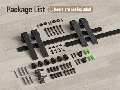 Schiebetürbeschlag Doppeltür 244cm Schiebetüren Schiebetürsystem Komplettset Laufschiene Rollen Set Schwarz für 2 Holztür 61cm Breit, Kleine Rolle in J-Form