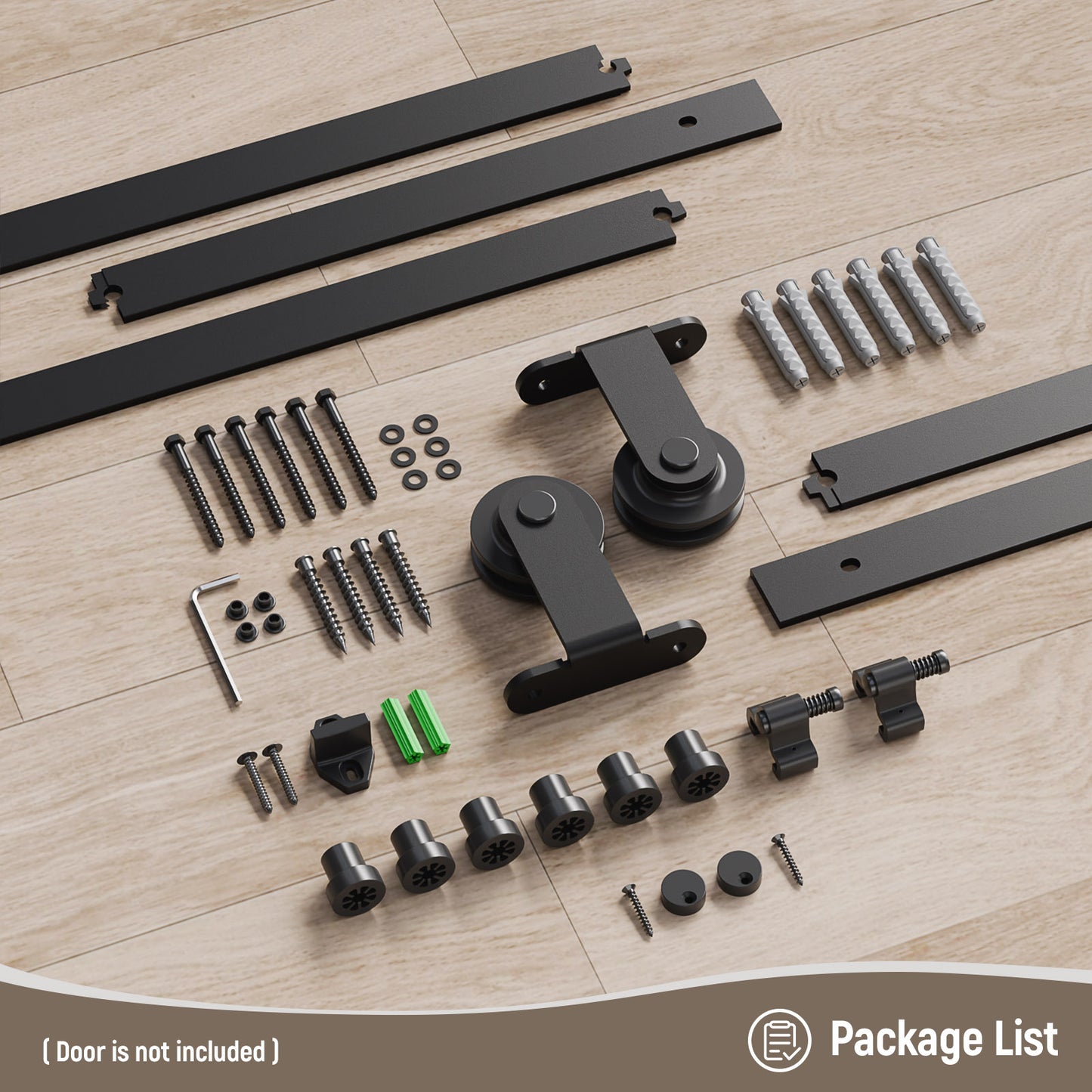 Schiebetürbeschlag 183cm Schiebetüren Schiebetürsystem Komplettset Laufschiene Rollen Set Schwarz für 1 Holztür 91cm Breit, Kleine Rolle in T-Form