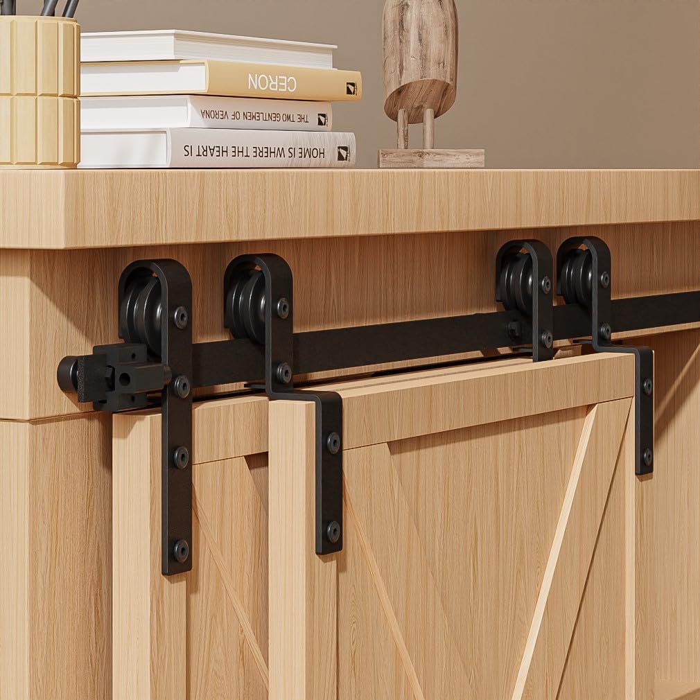 Mini Schiebetür Komplettset Schiebetürbeschlag 137.2cm Laufschiene mit Rollen Schiebetürsystem für Bypass Doppel Schiebetür Holz (Keine Schranktüren)