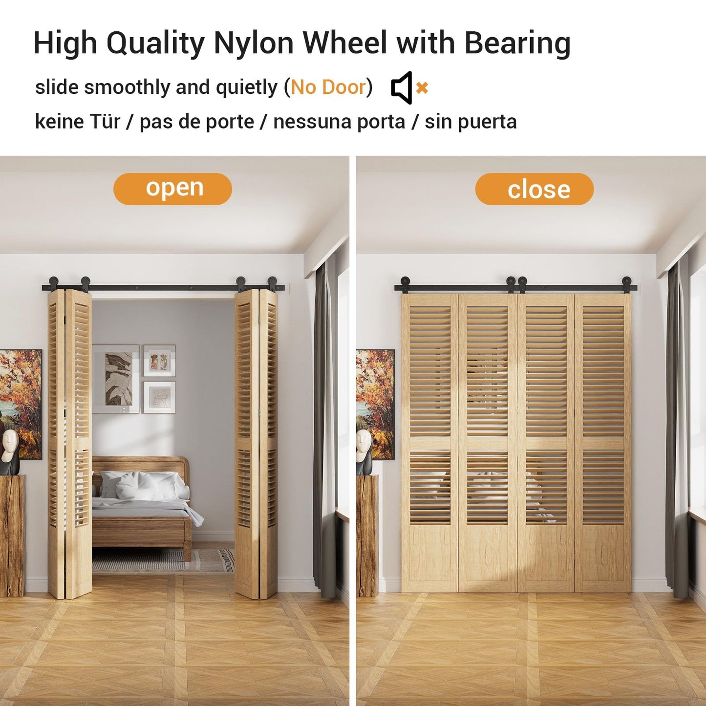 305cm/10FT Bifold Schiebetürbeschlag Schiebetüren Schiebetürsystem Komplettset Laufschiene Rollen Set Schwarz für 4 Holztür 75cm Top Mount T Rad