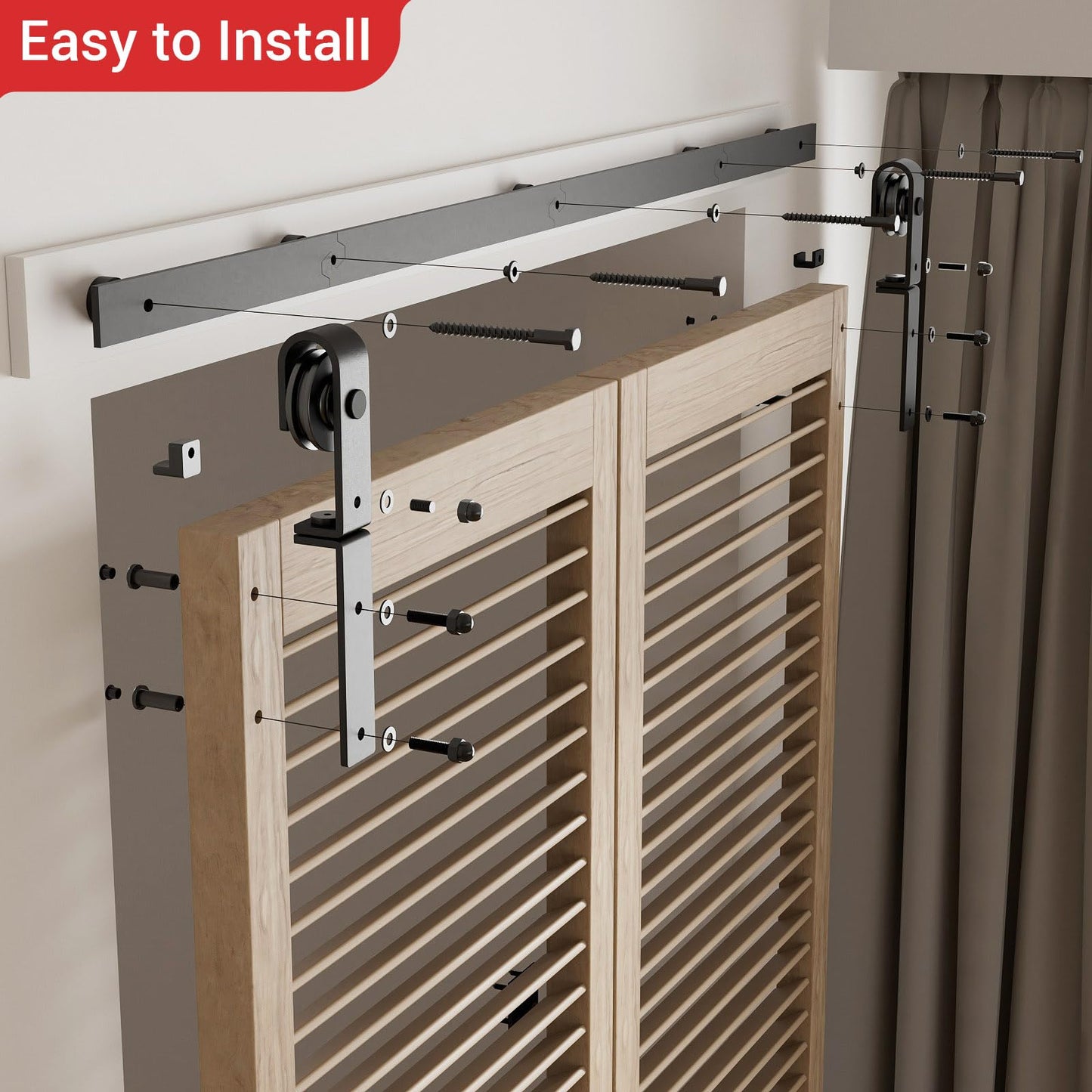 107cm/3.5FT Bifold Schiebetürbeschlag Schiebetüren Schiebetürsystem Komplettset Laufschiene Rollen Set Schwarz für 2 Holztür 51cm Breit