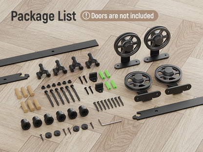 Schiebetürbeschlag Doppeltür 325cm Schiebetüren Schiebetürsystem Komplettset Laufschiene Rollen Set Schwarz für 2 Holztür 81cm Breit, Mittlere Rolle in T-Form
