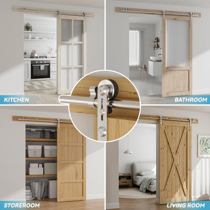 Schiebetürbeschlag Edelstahl 183cm Schiebetüren Schiebetürsystem Komplettset Laufschiene Rollen Set für 1 Holztür 91cm Breit, I Form